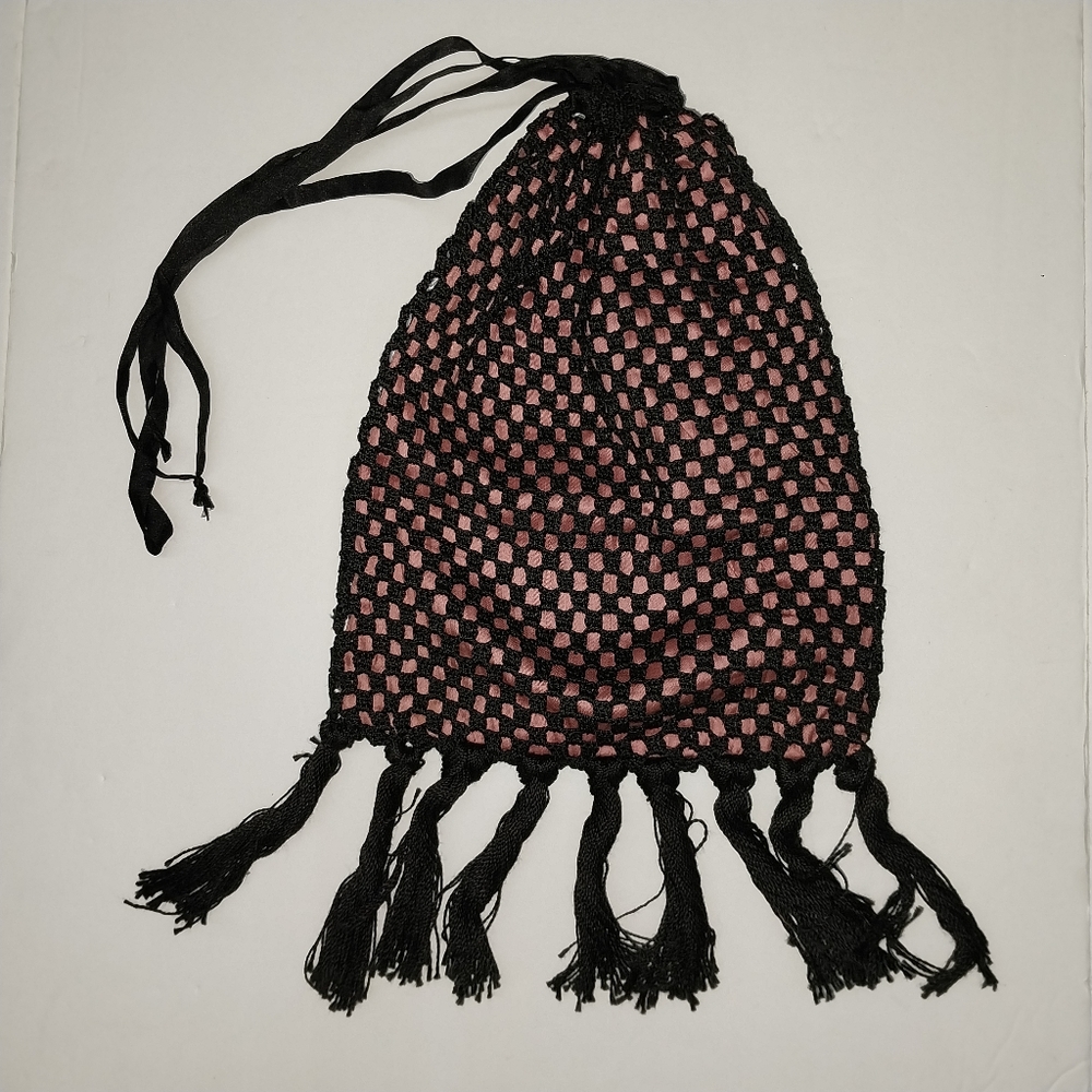 Antique 1800s to early 1900s Drawstring Reticule Bag Clutch Wristlet Mourning